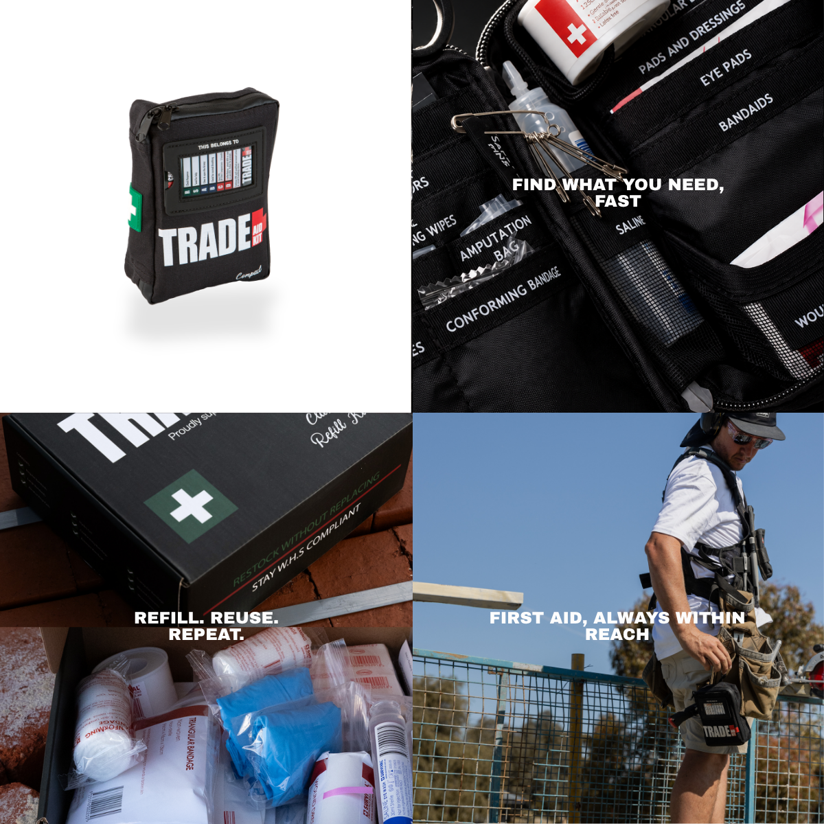 Australian tradesperson carrying a Trade Aid Compact first aid kit on their tool belt for convenient access while working on a construction site.