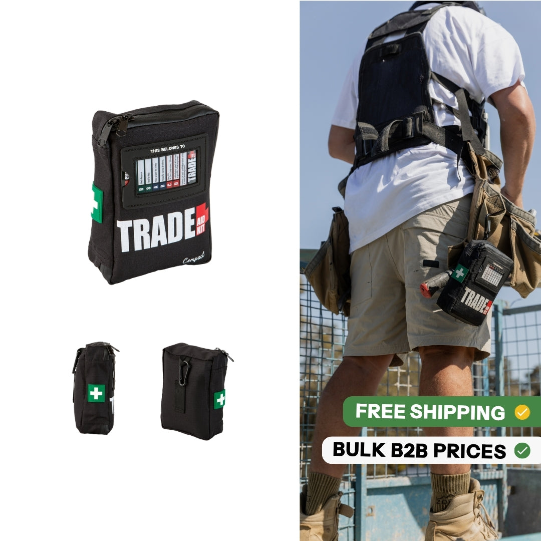 Trade Aid Compact First Aid Kit for tradies, shown attached to a tool belt for portable first aid on Australian worksites.