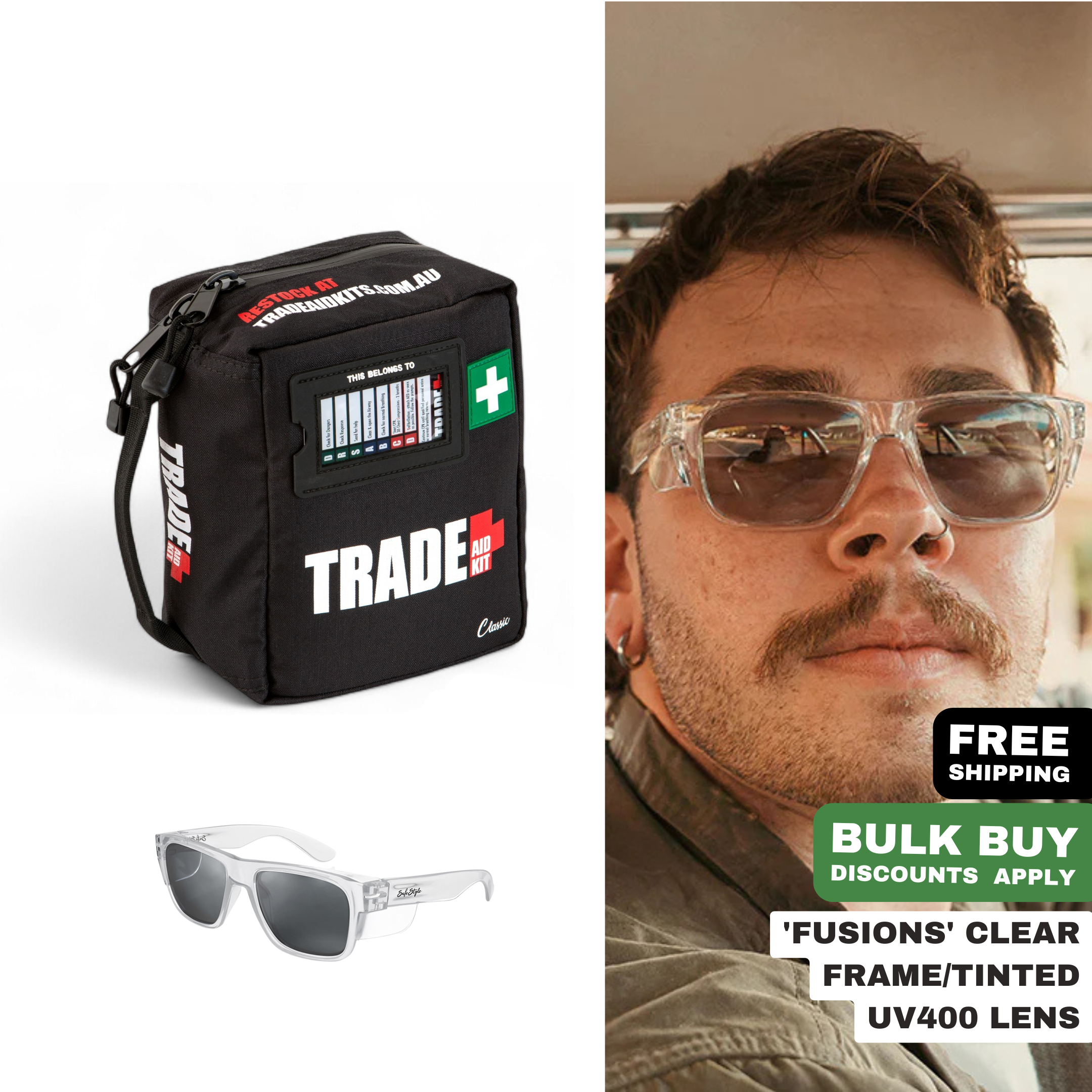 Trade Aid Kit Classic and SafeStyle Fusions sunglasses bundle. Clear frame tinted UV400 safety glasses with first aid kit for tradies.