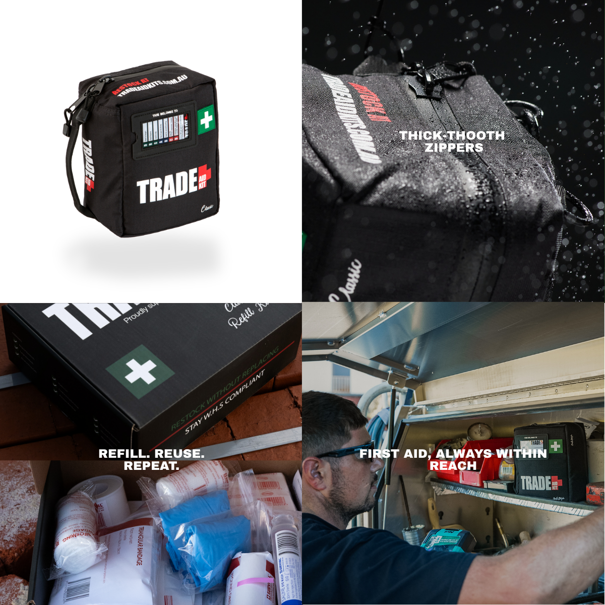 Trade Aid Classic first aid kit featuring heavy-duty weather-resistant zippers and durable 5mm rip-stop fabric, designed for Australian worksites.