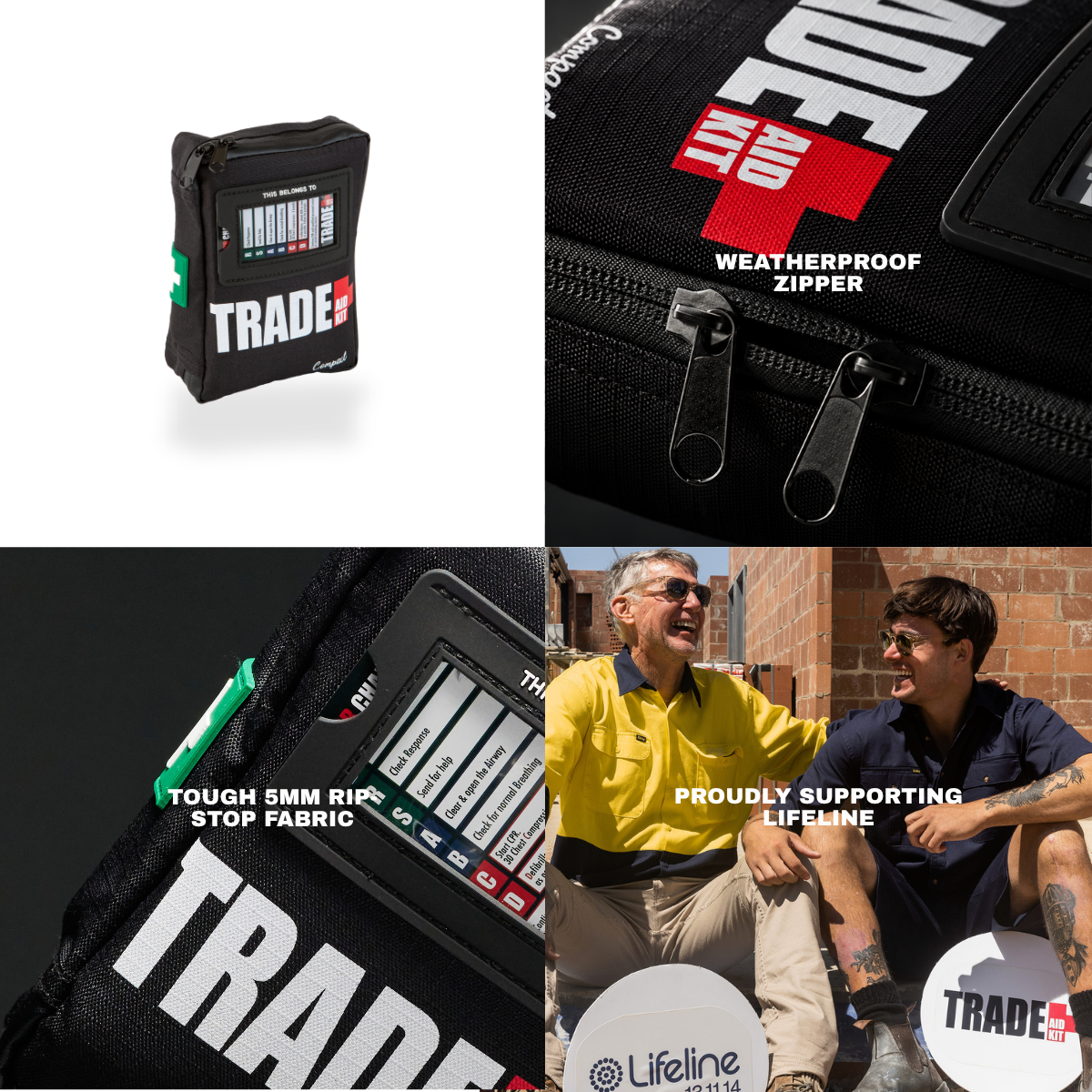 Trade Aid Compact first aid kit, a durable and portable first aid solution designed for Australian tradies, contractors and mobile workers.