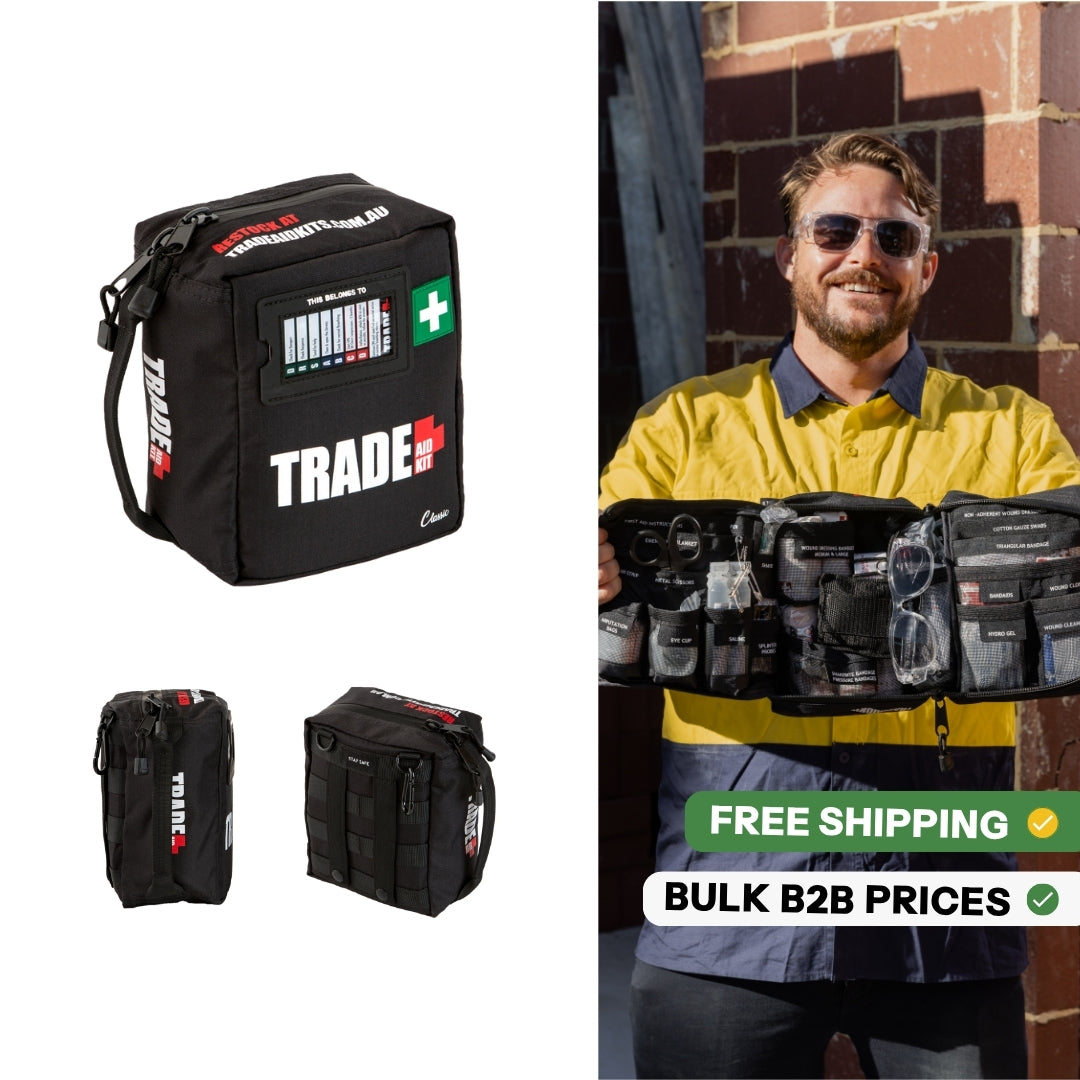 Trade Aid Classic First Aid Kit for Australian tradies and worksites, showing the durable black kit and organised medical supplies.